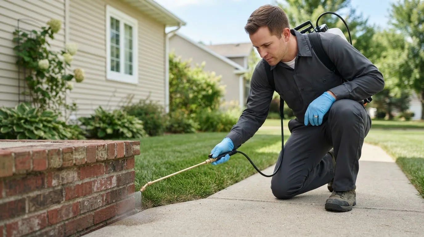 Pest control technician treating a home near Hiller, PA